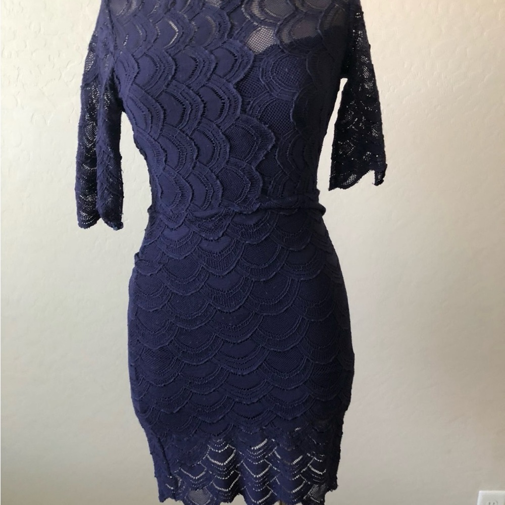 Nightcap Blue Sheath Dress Mock Neck 3/4 Sleeve